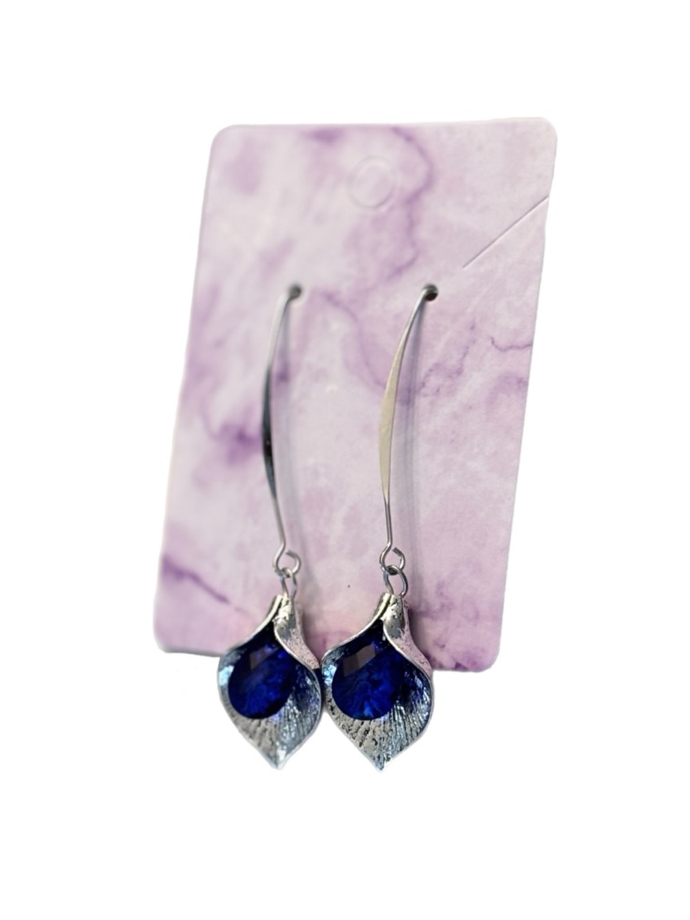 Silver Calla Lilly Drop Earrings with Cobalt Blue Accent